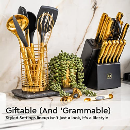 Black and Gold Kitchen Utensils with Gold Utensil Holder -17PC Gold Cooking Utensils Set Includes Black & Gold Measuring Cups and Spoons, Black Silicone Cooking Utensils Set -Gold Kitchen Accessories
