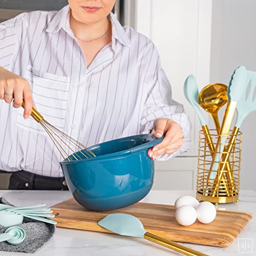 Black and Gold Kitchen Utensils with Gold Utensil Holder -17PC Gold Cooking Utensils Set Includes Black & Gold Measuring Cups and Spoons, Black Silicone Cooking Utensils Set -Gold Kitchen Accessories