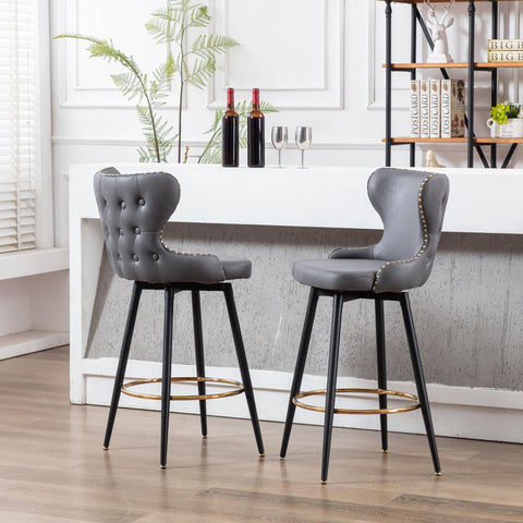 Set of 2 29" Modern Leather Tufted Swivel Bar Stools
