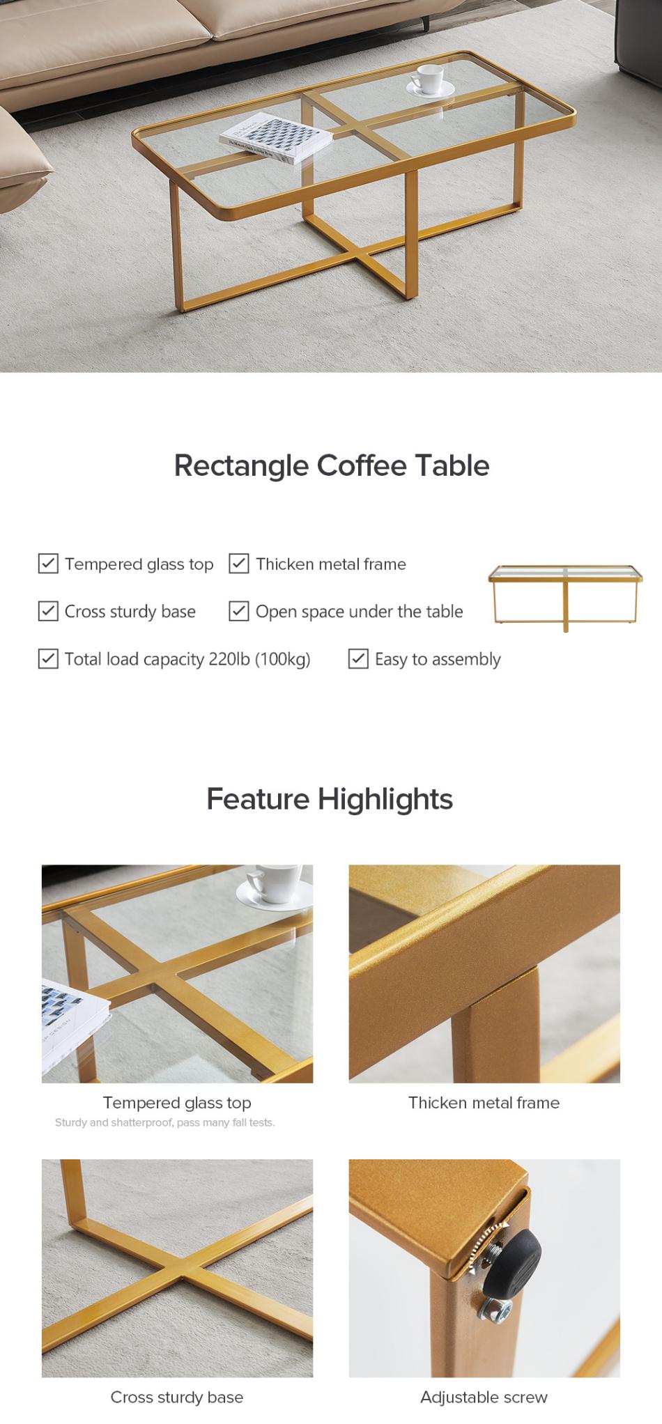 Minimalism rectangle coffee table,Golden metal frame with tempered glass tabletop