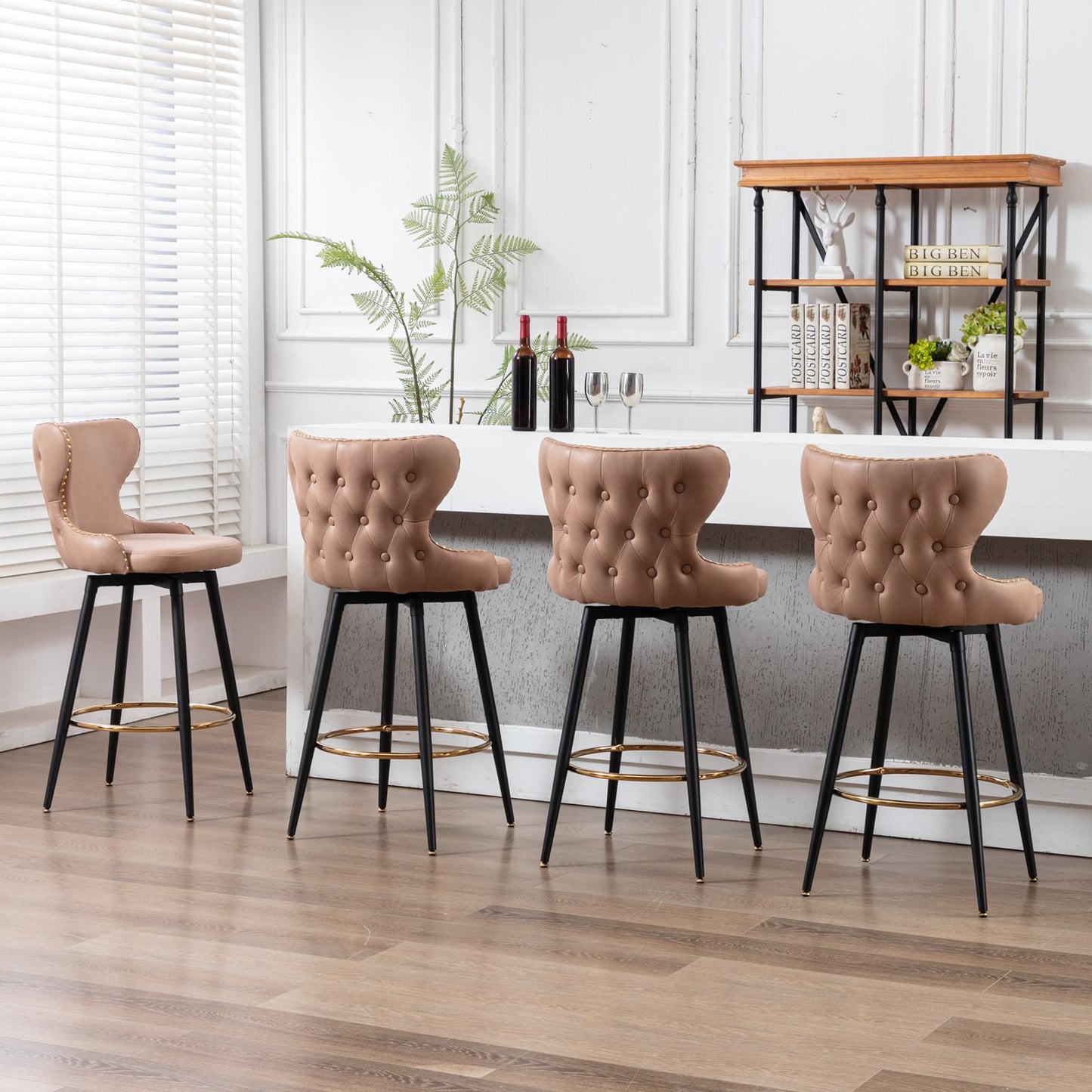 Set of 2 29" Modern Leather Tufted Swivel Bar Stools