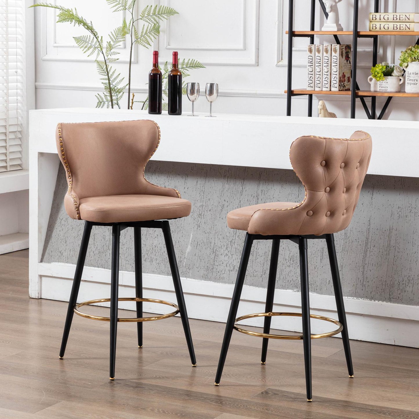 Set of 2 29" Modern Leather Tufted Swivel Bar Stools
