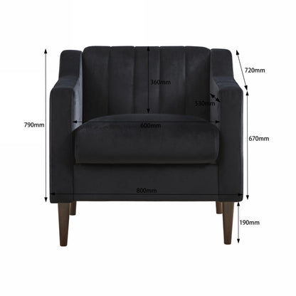 Modern velvet fabric single person sofa side chair with solid wood legs, used in bedroom, living room and office.