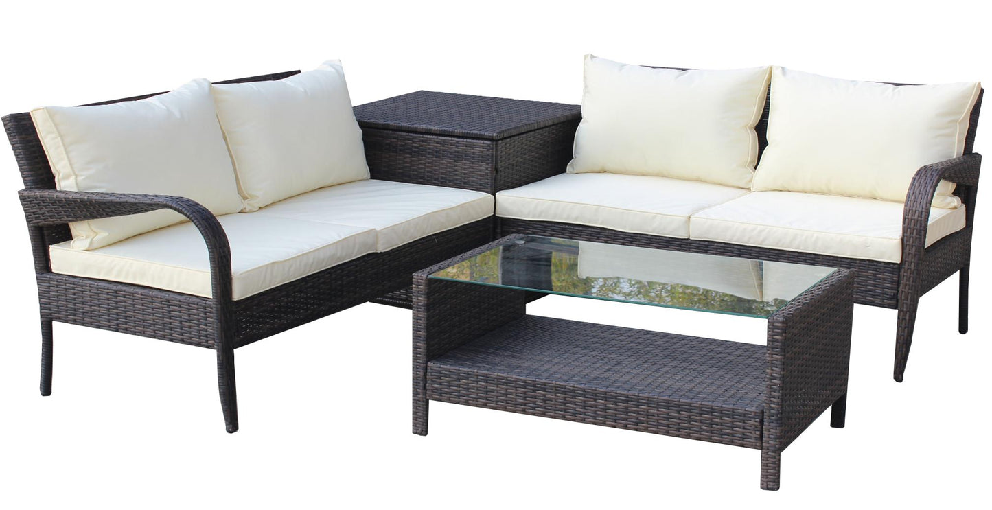 4 Piece Patio Sectional Wicker Rattan Outdoor Furniture Sofa Set with Storage Box Brown