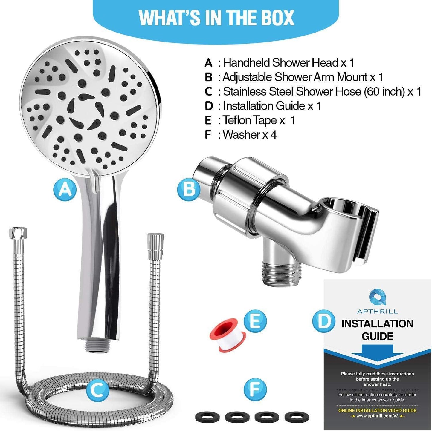 High Pressure Handheld Shower Head – 9 Spray Modes Hand Held Shower Head with 60 Inch Hose