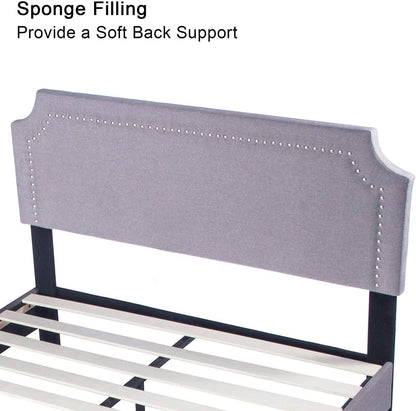 60" Platform Bed Frame Queen Upholstered Headboard Wood Slat Support Metal Frame Heavy Duty Bed Fram