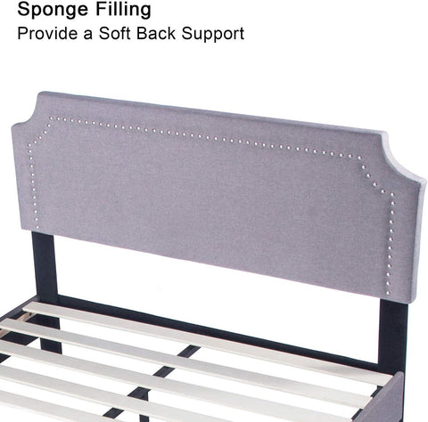 60" Platform Bed Frame Queen Upholstered Headboard Wood Slat Support Metal Frame Heavy Duty Bed Fram
