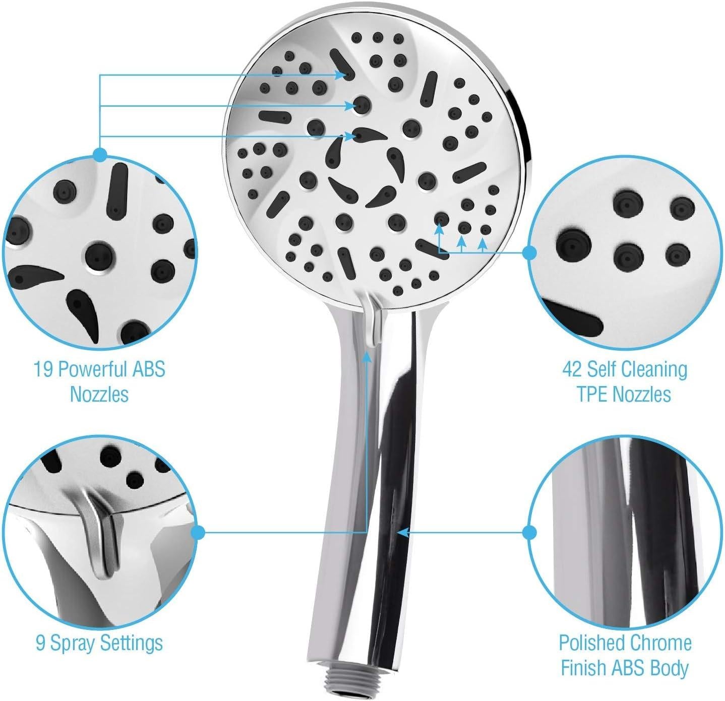 High Pressure Handheld Shower Head – 9 Spray Modes Hand Held Shower Head with 60 Inch Hose
