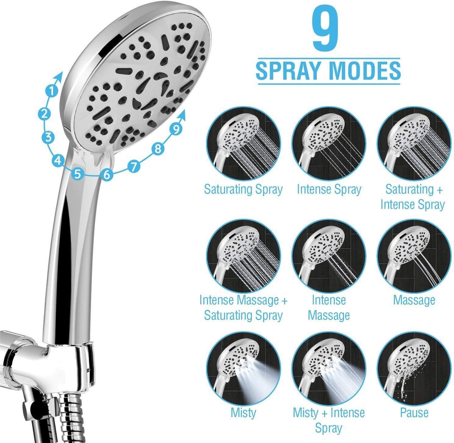 High Pressure Handheld Shower Head – 9 Spray Modes Hand Held Shower Head with 60 Inch Hose